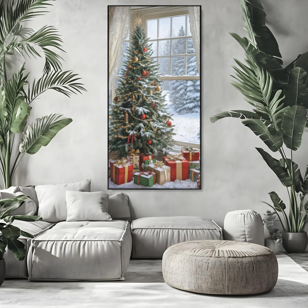 Tablou canvas cu tablou canvas cu brad de craciun si cadouri, in rama de aluminiu negru, pe perete intr-un living